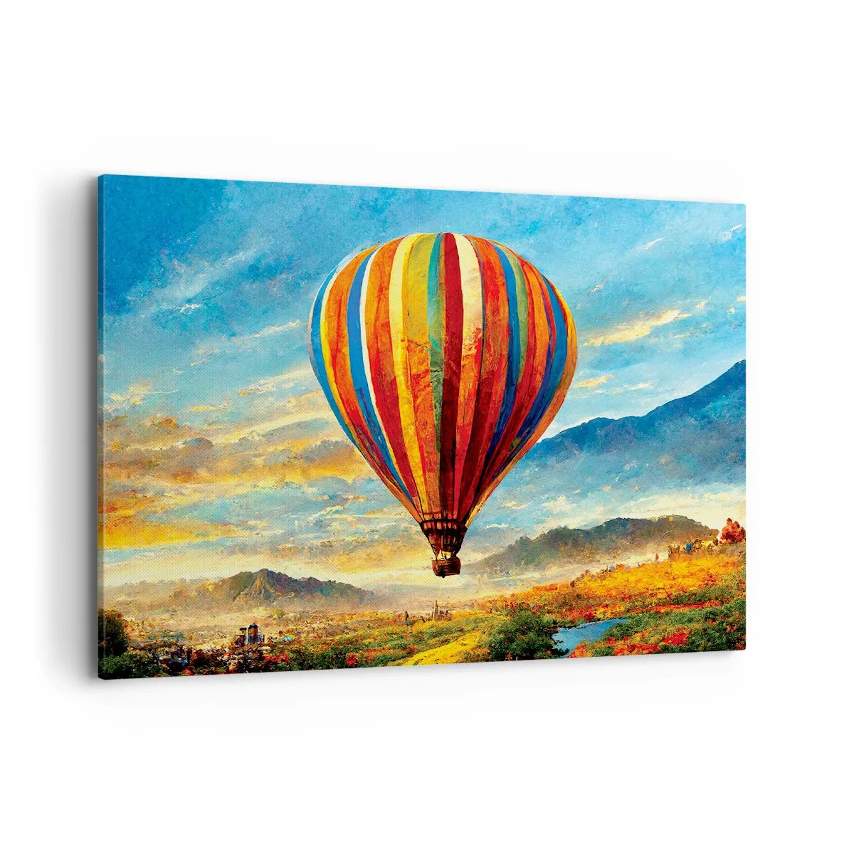 Bild auf Leinwand - Leinwandbild - Ein bunter Ballon über einer malerischen Landschaft - 100x70cm - In der Stille sieht man mehr - Moderne Wanddekoration für Wohnzimmer und Schlafzimmer ARTTOR