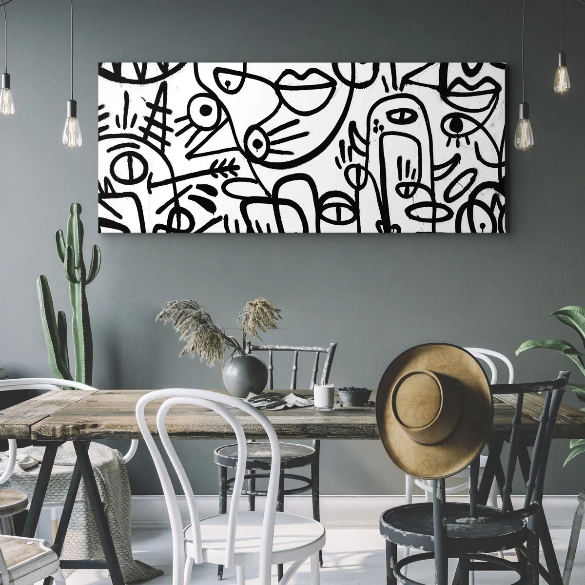 Bild auf Leinwand - Leinwandbild - Schwarz-weiße abstrakte Zeichnungen mit Gesichtsmotiven - 160x50cm - Gesichter und Luftspiegelungen - Moderne Wanddekoration für Wohnzimmer und Schlafzimmer ARTTOR