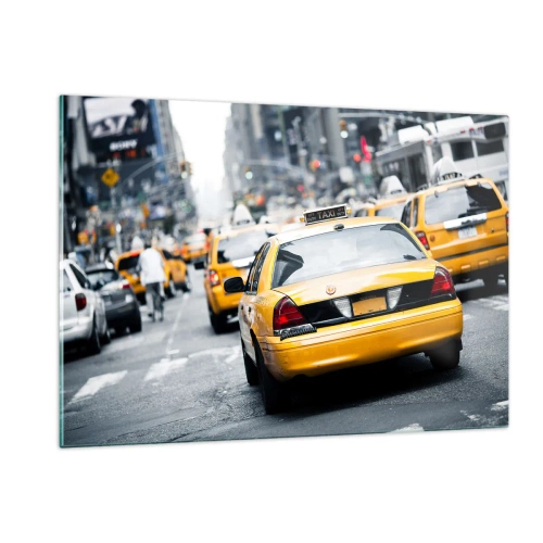 Glasbild - Bild auf glas - Gelbe Taxis auf den Straßen von New York im Großstadttrubel - 120x80cm - Nur in dieser Stadt - Moderne Wanddekoration für Wohnzimmer und Schlafzimmer ARTTOR