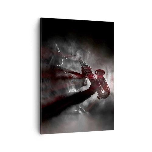 Bild auf Leinwand - Leinwandbild - Saxophonist im Rauch auf der Bühne in stimmungsvollem Schwarz und Rot - 50x70cm - In den Dämpfen des Jazz - Moderne Wanddekoration für Wohnzimmer und Schlafzimmer ARTTOR