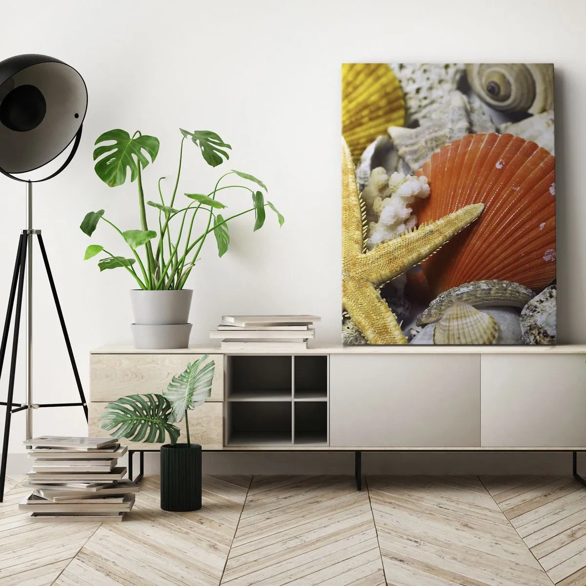 Bild auf Leinwand - Leinwandbild - Muscheln und Seesterne in einer Meereskomposition - 50x70cm - Schätze des Ozeans - Moderne Wanddekoration für Wohnzimmer und Schlafzimmer ARTTOR