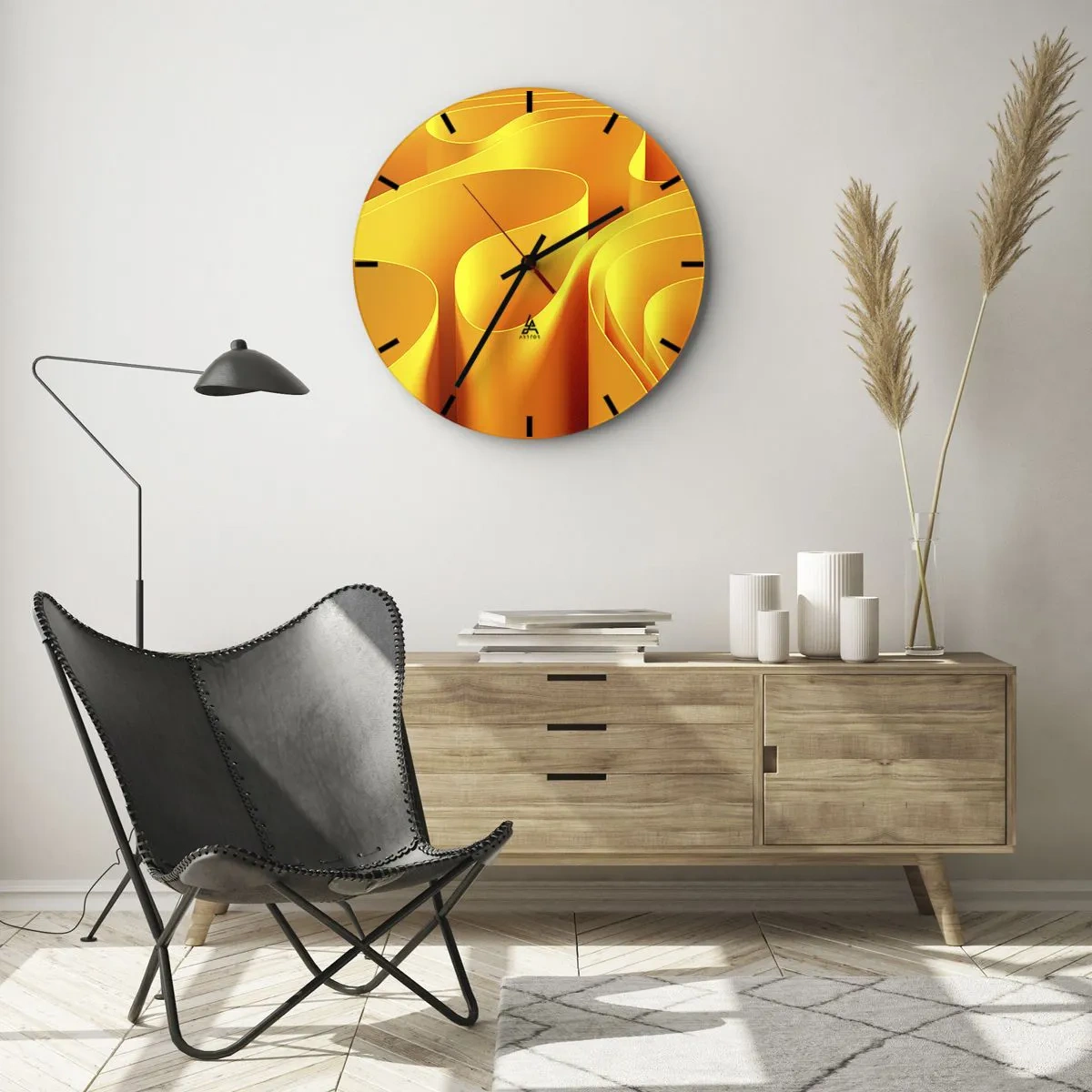 Wanduhr - Glasuhr - Abstrakte goldene Formen, die Lichtwellen ähneln - 30x30cm - Wie Sonnenwellen - Moderne Wanddekoration für Wohnzimmer, Küche und Schlafzimmer ARTTOR