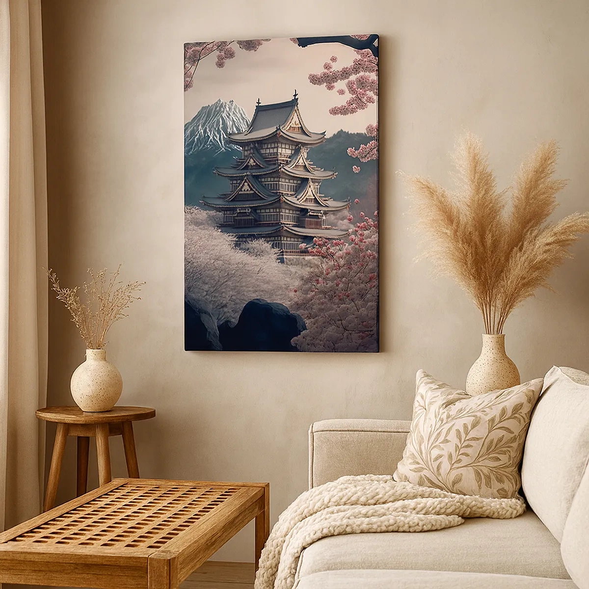 Bild auf Leinwand - Leinwandbild - Ein japanischer Tempel, umgeben von Kirschblüten und Bergen - 50x70cm - Land der Kirschblüten - Moderne Wanddekoration für Wohnzimmer und Schlafzimmer ARTTOR