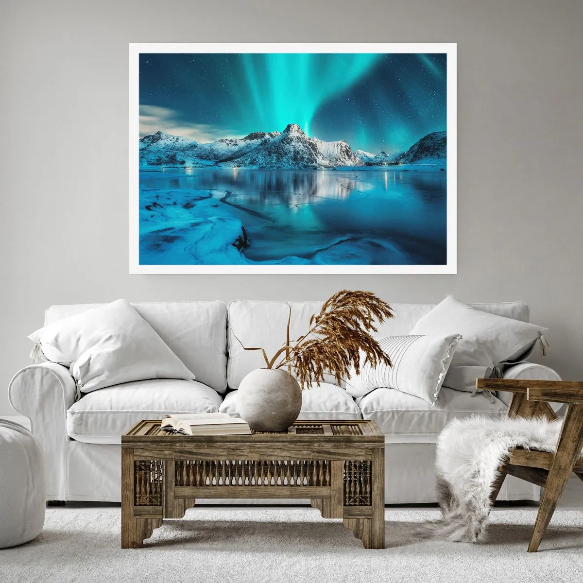 Poster - Aurora Borealis über schneebedeckten Bergen und einem See - 100x70cm - Lichtnacht - Moderne Wanddekoration für Wohnzimmer und Schlafzimmer ARTTOR