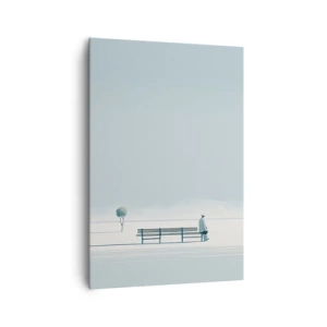 Bild auf Leinwand - Leinwandbild - Eine Person, die auf einer Bank in einer minimalistischen Landschaft sitzt - 70x100cm - Ja, ich warte. - Moderne Wanddekoration für Wohnzimmer und Schlafzimmer ARTTOR
