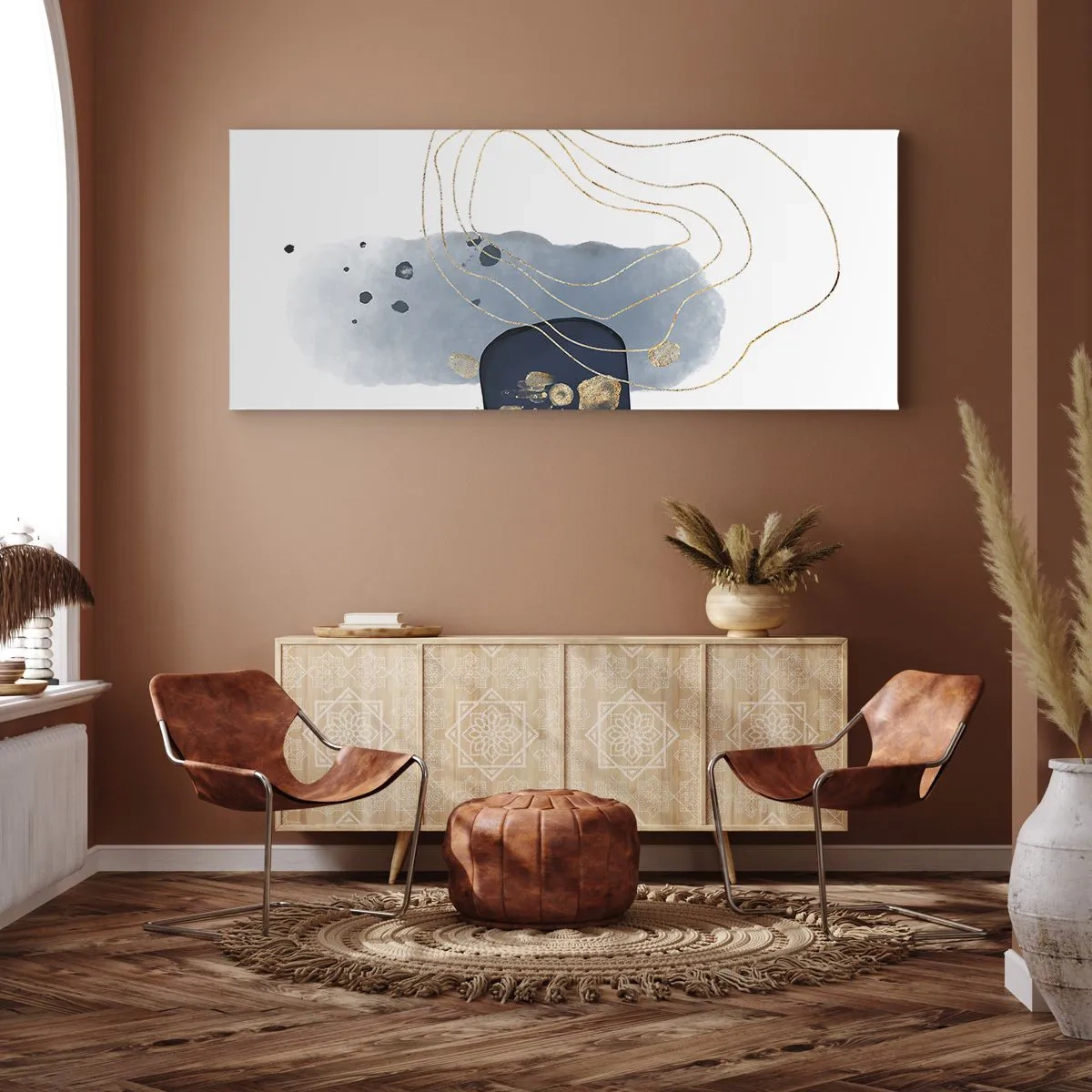Bild auf Leinwand - Leinwandbild - Abstraktion in Blau- und Goldtönen - 160x50cm - Blau-goldene Fantasie - Moderne Wanddekoration für Wohnzimmer und Schlafzimmer ARTTOR