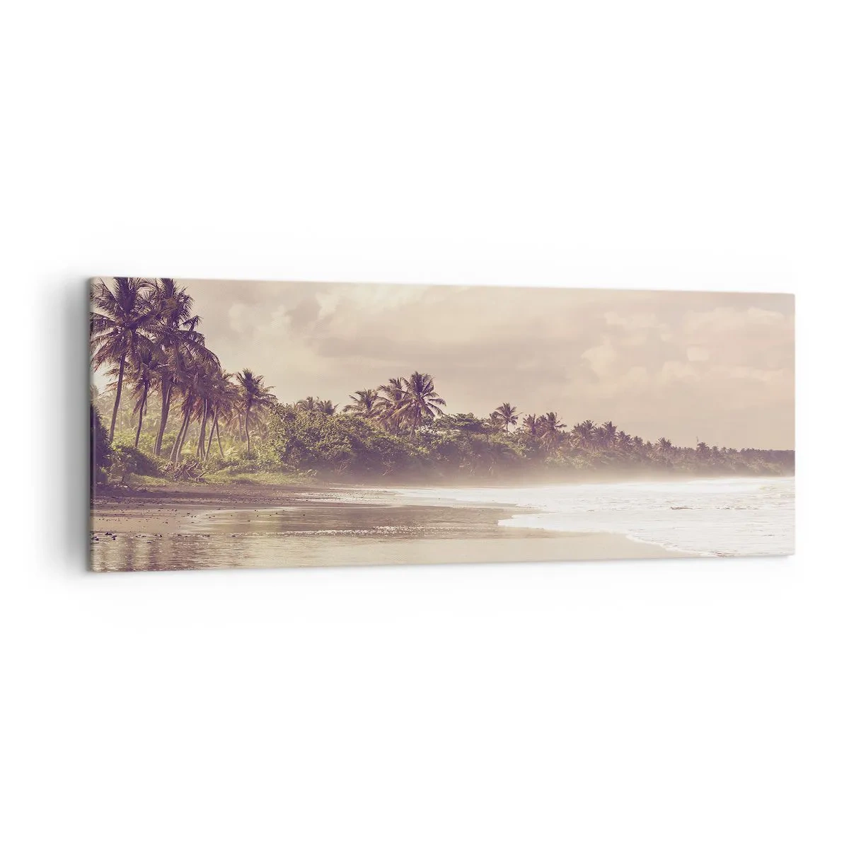 Bild auf Leinwand - Leinwandbild - Ein Strand mit Palmen und sanften Wellen am Morgen - 140x50cm - Die Liebkosung der Wellen - Moderne Wanddekoration für Wohnzimmer und Schlafzimmer ARTTOR