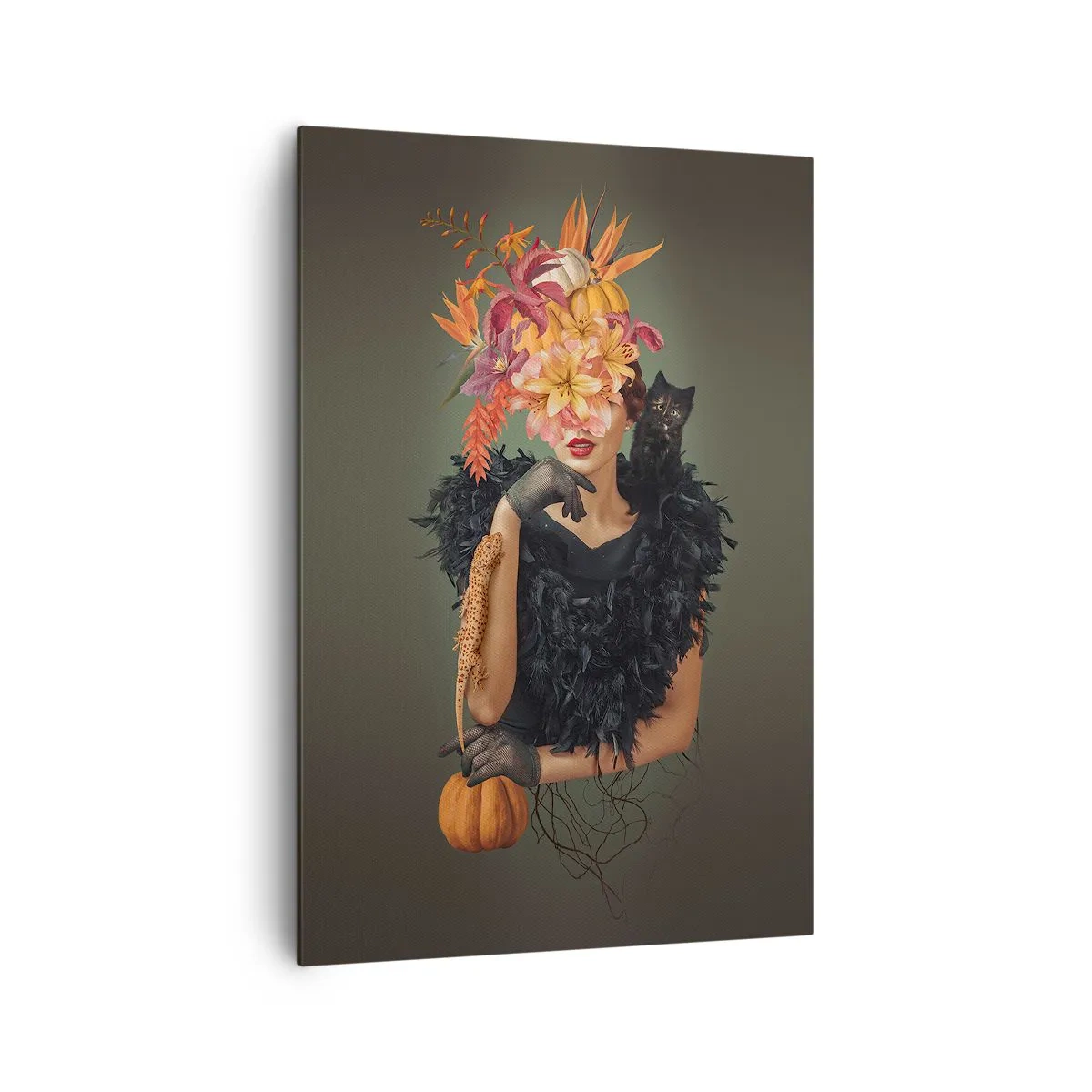 Bild auf Leinwand - Leinwandbild - Frauenbildnis mit Herbstmotiven und Katze - 70x100cm - Der Zauber einer Hexe - Moderne Wanddekoration für Wohnzimmer und Schlafzimmer ARTTOR