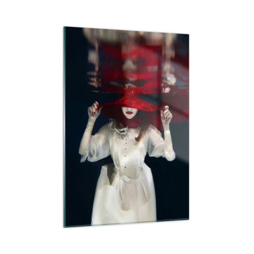 Glasbild - Bild auf glas - Frau mit rotem Hut unter Wasser - 50x70cm - Boshafte Göttin in der slawischen Mythologie - Moderne Wanddekoration für Wohnzimmer und Schlafzimmer ARTTOR