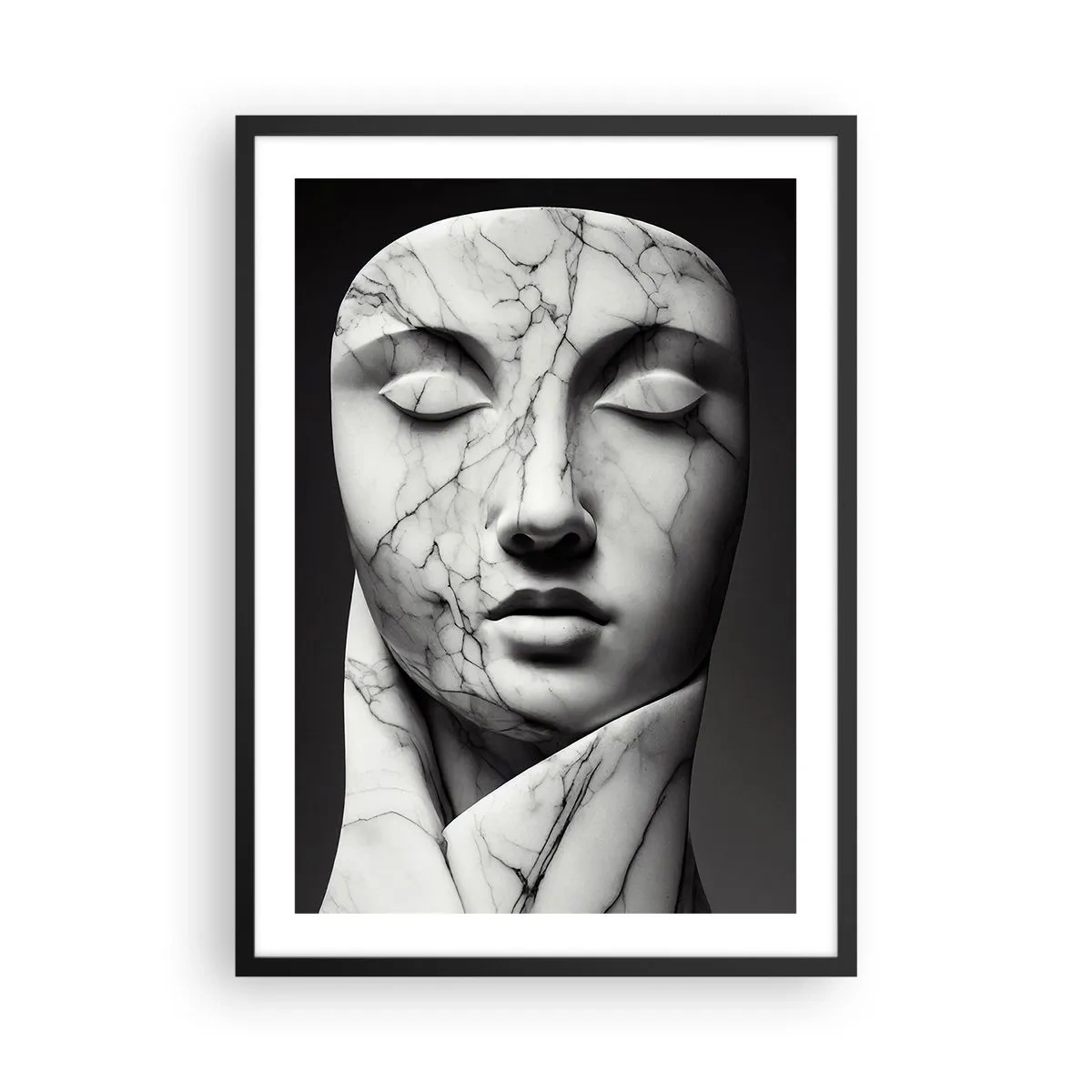 Poster in einem schwarzem Rahmen - Marmorskulptur Gesicht mit geschlossenen Augen auf schwarzem Hintergrund - 50x70cm - Marmorformen - Moderne Wanddekoration für Wohnzimmer und Schlafzimmer ARTTOR