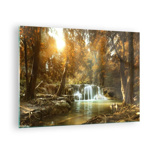 Glasbild - Bild auf glas - Ein Wasserfall in einem Park, umgeben von Bäumen in Herbstfarben - 70x50cm - Parkkaskade - Moderne Wanddekoration für Wohnzimmer und Schlafzimmer ARTTOR