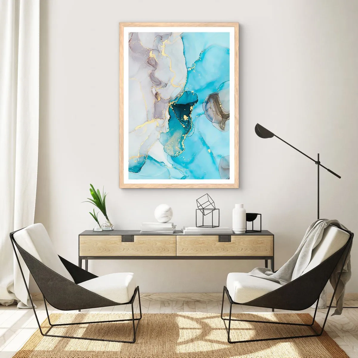 Poster in einem Rahmen aus heller Eiche - Eine Studie über das Zusammentreffen von Grau und Türkis - 61x91 cm