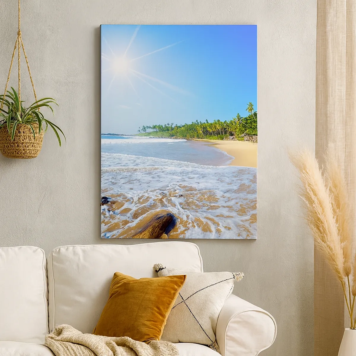 Bild auf Leinwand - Leinwandbild - Tropischer Strand mit Palmen und blauem Himmel - 50x70cm - Ein exotischer Ort für dich - Moderne Wanddekoration für Wohnzimmer und Schlafzimmer ARTTOR
