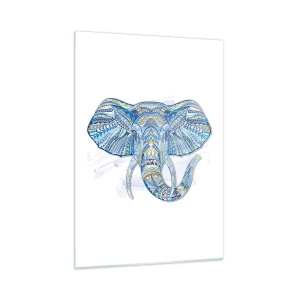 Glasbild - Bild auf glas - Blauer Elefant im künstlerischen Stil mit geometrischen Mustern - 50x70cm - In Gold und Blau eingelegt - Moderne Wanddekoration für Wohnzimmer und Schlafzimmer ARTTOR