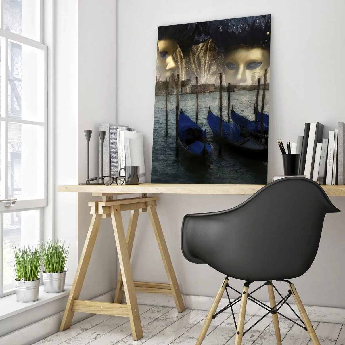 Glasbild - Bild auf glas - Venezianische Karnevalsmasken und Gondeln vor der Kulisse der Stadt und des Wassers - 80x120cm - Es ist Zeit, den Karneval zu starten - Moderne Wanddekoration für Wohnzimmer und Schlafzimmer ARTTOR