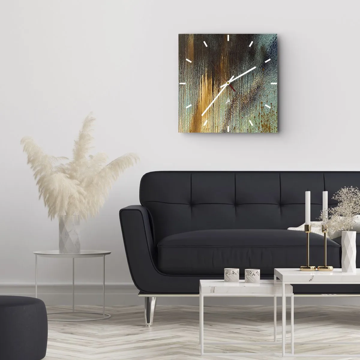 Wanduhr - Glasuhr - Eine abstrakte Farbkomposition in Gold-, Braun- und Blautönen. - 30x30cm - Eine nicht zufällige farbenfrohe Komposition - Moderne Wanddekoration für Wohnzimmer und Schlafzimmer ARTTOR