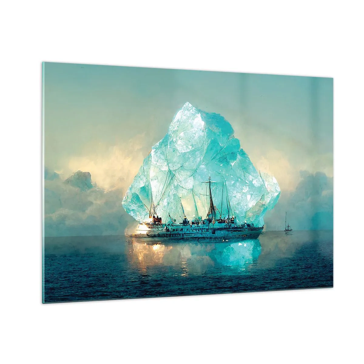 Glasbild - Bild auf glas - Ein Segelschiff vor einem riesigen Gletscher im arktischen Licht. - 100x70cm - Arktischer Diamant - Moderne Wanddekoration für Wohnzimmer und Schlafzimmer ARTTOR