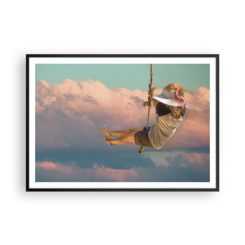 Poster in einem schwarzem Rahmen - Frau auf einer Schaukel zwischen rosa Wolken - 100x70cm - Spaß in den Wolken - Moderne Wanddekoration für Wohnzimmer und Schlafzimmer ARTTOR