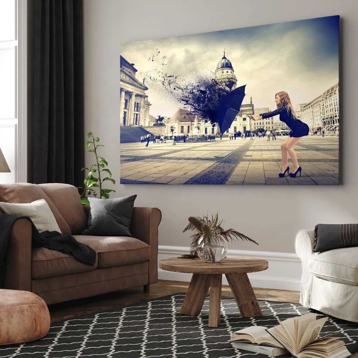 Bild auf Leinwand - Leinwandbild - Eine Frau mit Regenschirm in einer künstlerischen Komposition vor urbanem Hintergrund - 70x50cm - Es weht so ein Wind ... - Moderne Wanddekoration für Wohnzimmer und Schlafzimmer ARTTOR