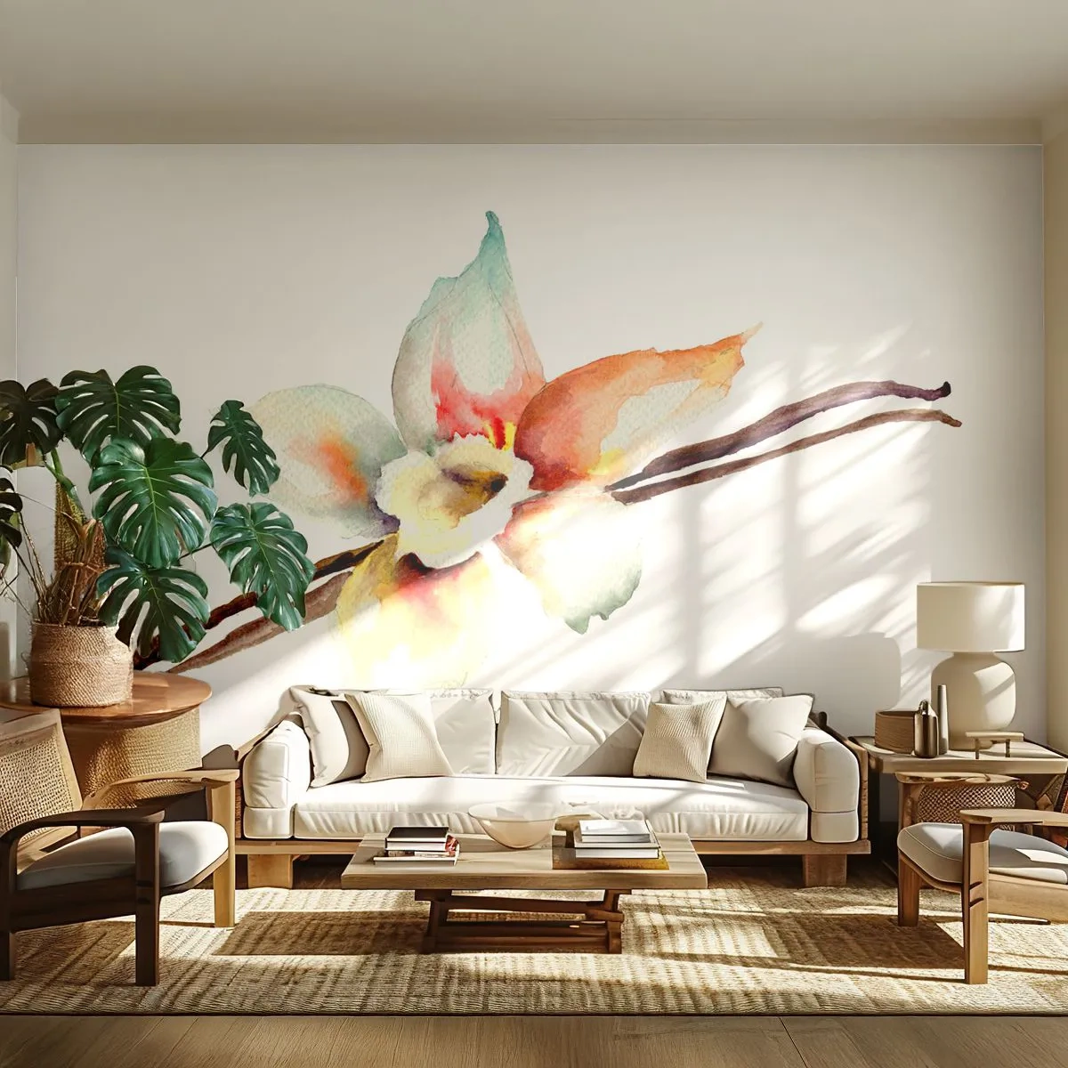 Fototapete Premium Sand - Aquarell-Illustration einer Vanilleblüte auf weißem Hintergrund - 100x70cm - Süße mit Farbe verschüttet - Moderne Wanddekoration für Wohnzimmer und Schlafzimmer ARTTOR