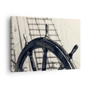 Bild auf Leinwand - Leinwandbild - Ein Segelruder im Retro-Stil mit einem Schiff im Hintergrund - 70x50cm - Meeresgeschichten - Moderne Wanddekoration für Wohnzimmer und Schlafzimmer ARTTOR