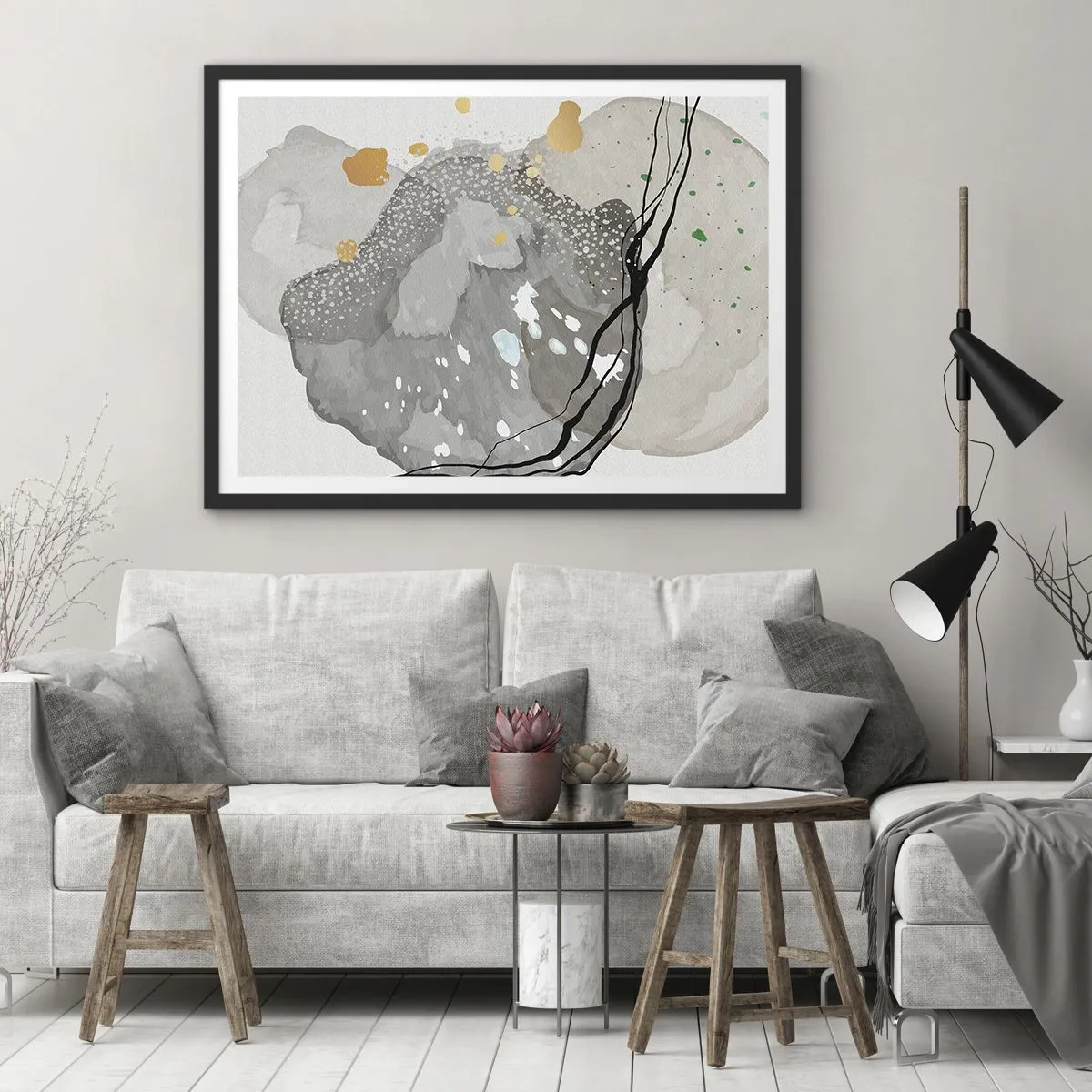 Poster in einem schwarzem Rahmen - Organische Formen in Grautönen mit Akzenten in Schwarz und Gold - 100x70cm - Organische Komposition - Moderne Wanddekoration für Wohnzimmer und Schlafzimmer ARTTOR