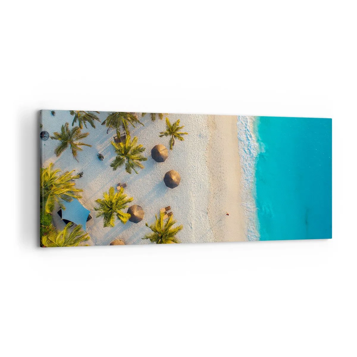 Bild auf Leinwand - Leinwandbild - Blick auf einen tropischen Strand mit Palmen und türkisfarbenem Meer - 120x50cm - Willkommen im Paradies - Moderne Wanddekoration für Wohnzimmer und Schlafzimmer ARTTOR