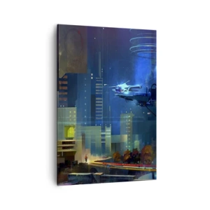 Bild auf Leinwand - Leinwandbild - Futuristische Stadt bei Nacht mit Neonlichtern und einem fliegenden Fahrzeug - 70x100cm - In naher Zukunft - Moderne Wanddekoration für Wohnzimmer und Schlafzimmer ARTTOR
