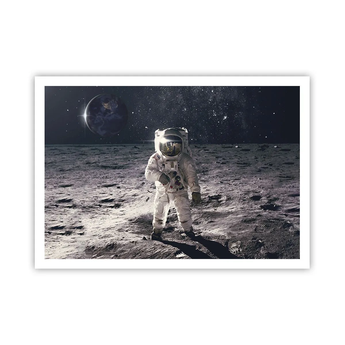 Poster - Astronaut auf der Mondoberfläche mit der Erde im Hintergrund - 100x70cm - Grüße vom Mond - Moderne Wanddekoration für Wohnzimmer und Schlafzimmer ARTTOR