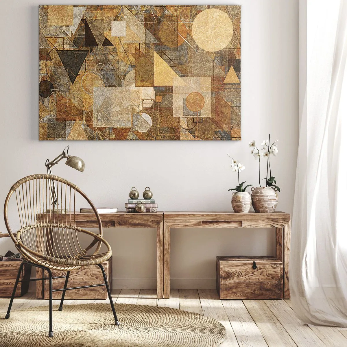 Bild auf Leinwand - Leinwandbild - Abstrakte geometrische Figuren in warmen Farbtönen - 100x70cm - Eine kubistische Studie aus Bronze - Moderne Wanddekoration für Wohnzimmer und Schlafzimmer ARTTOR