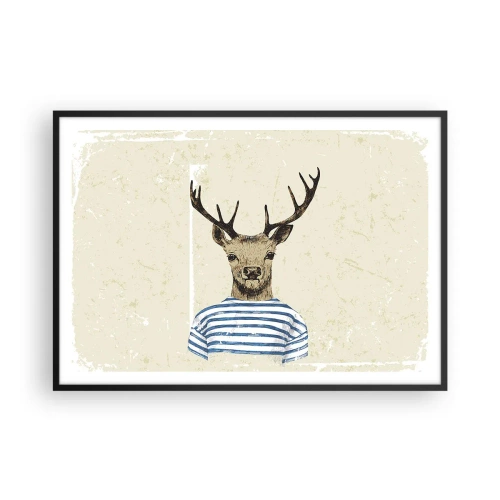 Poster in einem schwarzem Rahmen - Ein Hirsch im gestreiften Hemd auf hellem Hintergrund mit zarter Textur - 100x70cm - Weil ich gestreifte T-Shirts mag! - Moderne Wanddekoration für Wohnzimmer und Schlafzimmer ARTTOR