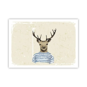 Poster - Ein Hirsch im gestreiften Hemd auf hellem Hintergrund mit zarter Textur - 100x70cm - Weil ich gestreifte T-Shirts mag! - Moderne Wanddekoration für Wohnzimmer und Schlafzimmer ARTTOR