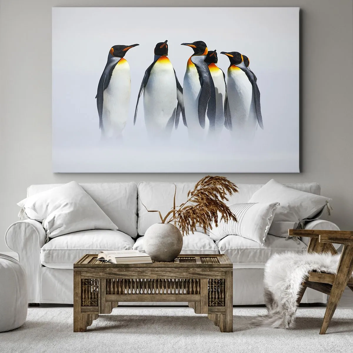 Bild auf Leinwand - Leinwandbild - Eine Gruppe Kaiserpinguine im Winternebel - 70x50cm - Treffen in Abendkleidern - Moderne Wanddekoration für Wohnzimmer und Schlafzimmer ARTTOR