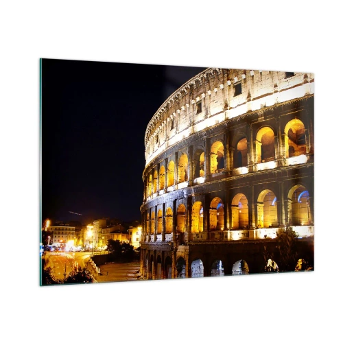 Glasbild - Bild auf glas - Das Kolosseum bei Nacht mit beleuchteten Bögen - 100x70cm - Es ist Zeit, die Spiele zu beginnen - Moderne Wanddekoration für Wohnzimmer und Schlafzimmer ARTTOR