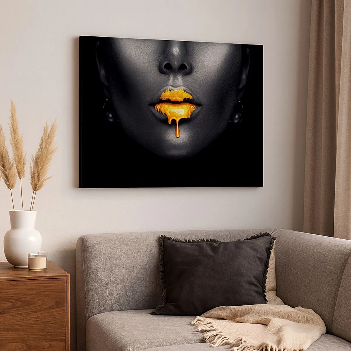 Bild auf Leinwand - Leinwandbild - Schwarz-goldenes Porträt einer Frau mit einem Tropfen Gold auf den Lippen - 70x50cm - Goldmaul - Moderne Wanddekoration für Wohnzimmer und Schlafzimmer ARTTOR