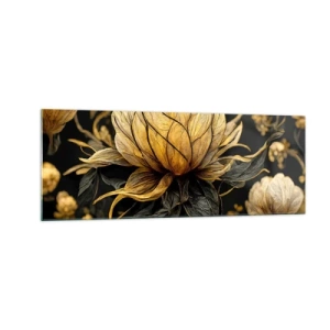 Glasbild - Bild auf glas - Goldene Blume auf dunklem Hintergrund - 140x50cm - Subtile Zerbrechlichkeit - Moderne Wanddekoration für Wohnzimmer und Schlafzimmer ARTTOR
