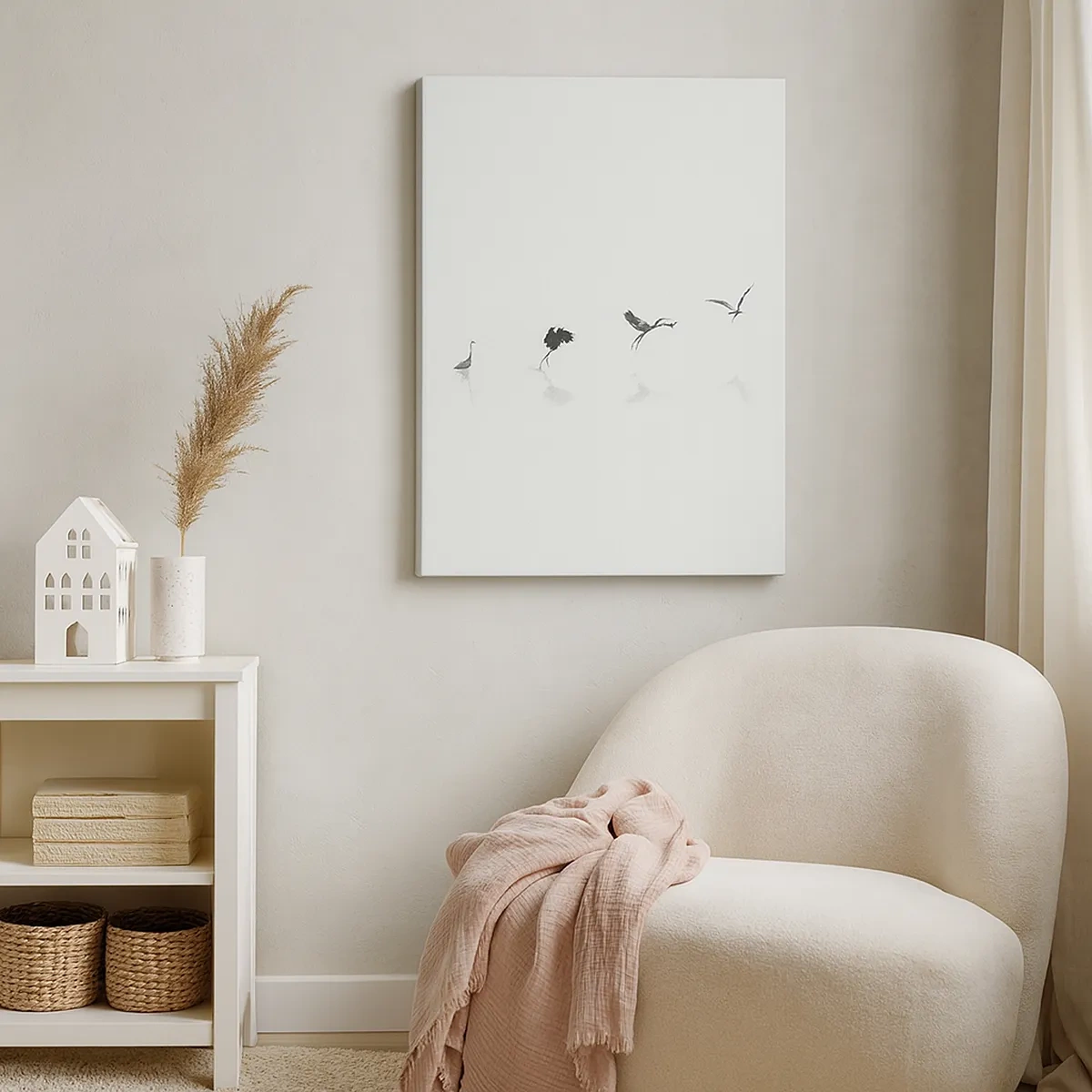 Bild auf Leinwand - Leinwandbild - Vier Vogelsilhouetten spiegeln sich im ruhigen Wasser - 50x70cm - Vier einfache Schritte - Moderne Wanddekoration für Wohnzimmer und Schlafzimmer ARTTOR