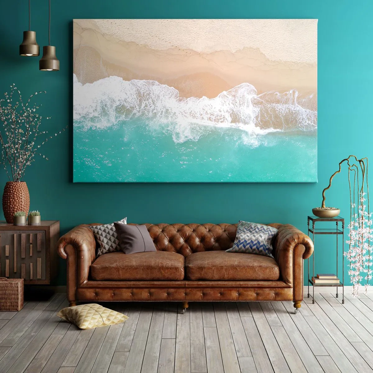 Bild auf Leinwand - Leinwandbild - Eine Vogelperspektive auf einen Strand mit türkisfarbenem Wasser und sanften Wellen - 70x50cm - Eine streichelnde Berührung - Moderne Wanddekoration für Wohnzimmer und Schlafzimmer ARTTOR