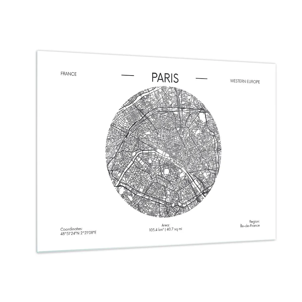 Glasbild - Bild auf glas - Eine kreisförmige Karte von Paris in Schwarz-Weiß-Illustration - 70x50cm - Anatomie von Paris - Moderne Wanddekoration für Wohnzimmer und Schlafzimmer ARTTOR