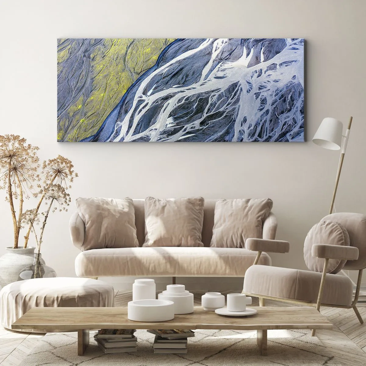 Bild auf Leinwand - Leinwandbild - Abstrakte Vogelperspektive auf mäandernde Flussbetten - 160x50cm - Felsmalereien der Natur - Moderne Wanddekoration für Wohnzimmer und Schlafzimmer ARTTOR