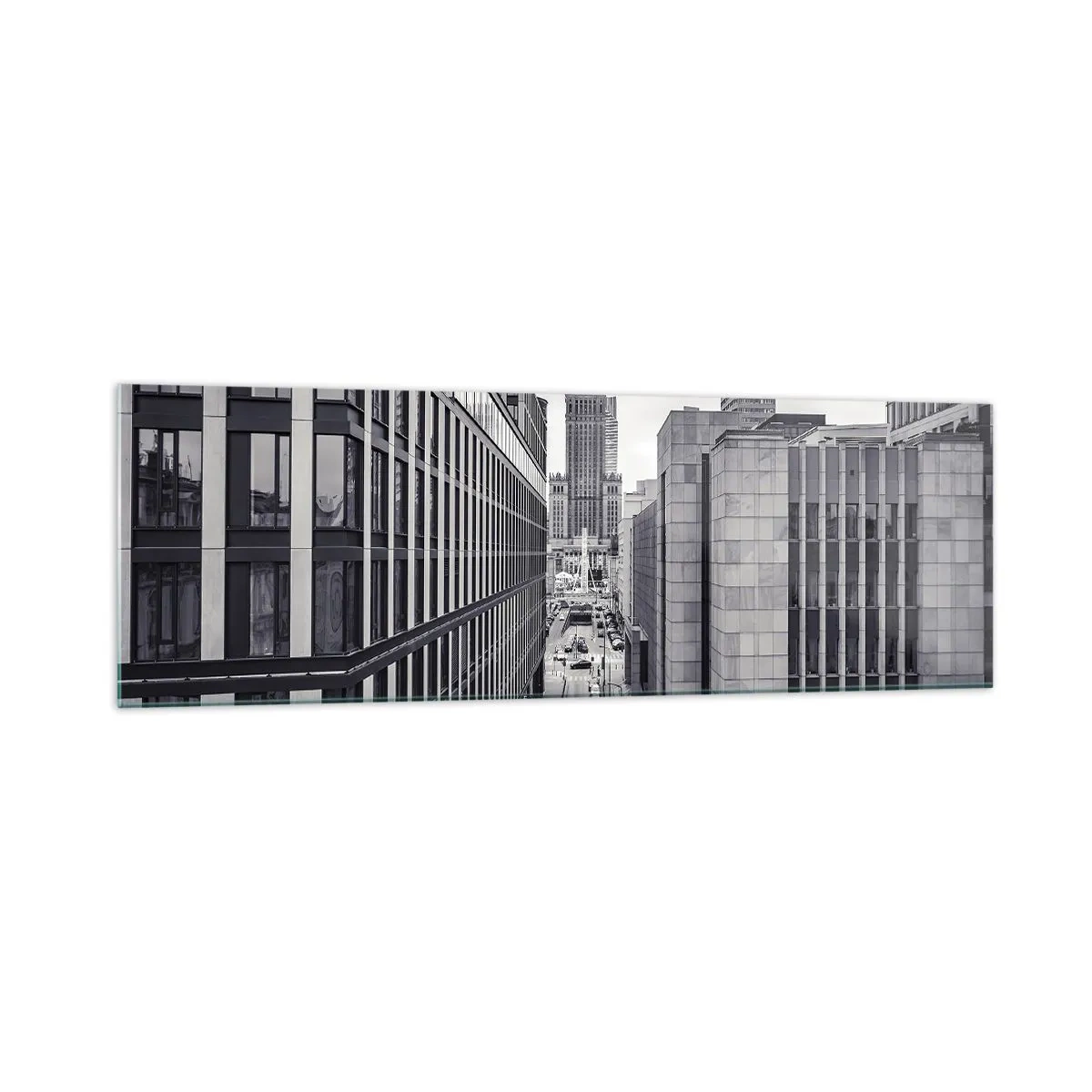 Glasbild - Bild auf glas - Panorama von Warschau mit Blick auf den Kulturpalast und die umliegenden Gebäude - 160x50cm - Warschauer Tal - Moderne Wanddekoration für Wohnzimmer und Schlafzimmer ARTTOR
