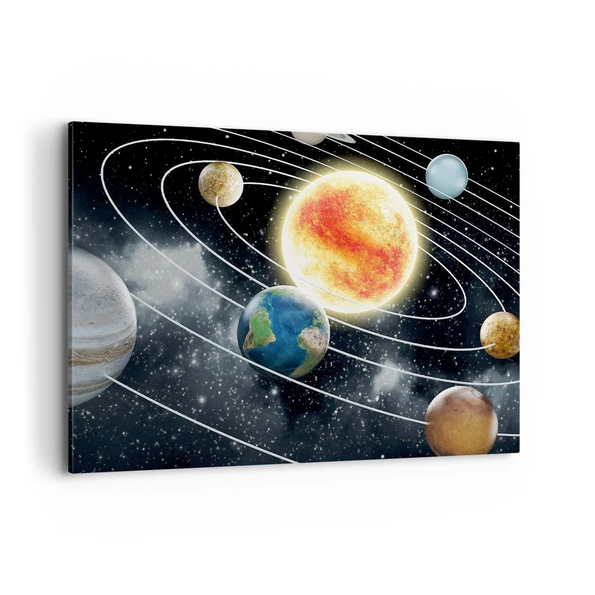 Bild auf Leinwand - Leinwandbild - Sonnensystem mit Planeten und Sonne im Weltraum - 100x70cm - Kosmischer Tanz - Moderne Wanddekoration für Wohnzimmer und Schlafzimmer ARTTOR