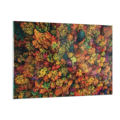 Glasbild - Bild auf glas - Eine Vogelperspektive auf einen Wald im Herbst, voller bunter Bäume - 120x80cm - Blumenstrauß aus Herbstbäumen - Moderne Wanddekoration für Wohnzimmer und Schlafzimmer ARTTOR