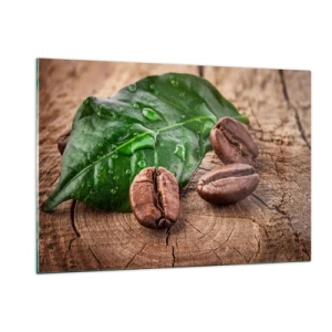 Glasbild - Bild auf glas - Kaffeebohnen auf einem Blatt und Holzhintergrund - 120x80cm - Der wahrste und schwarze - Moderne Wanddekoration für Wohnzimmer und Schlafzimmer ARTTOR
