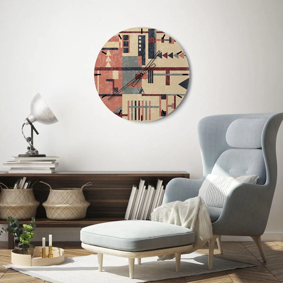 Wanduhr - Glasuhr - Abstraktes geometrisches Muster in Beige-, Rot- und Grautönen - 30x30cm - Eine Kombination aus Vertikalen und Ebenen - Moderne Wanddekoration für Wohnzimmer, Küche und Schlafzimmer ARTTOR