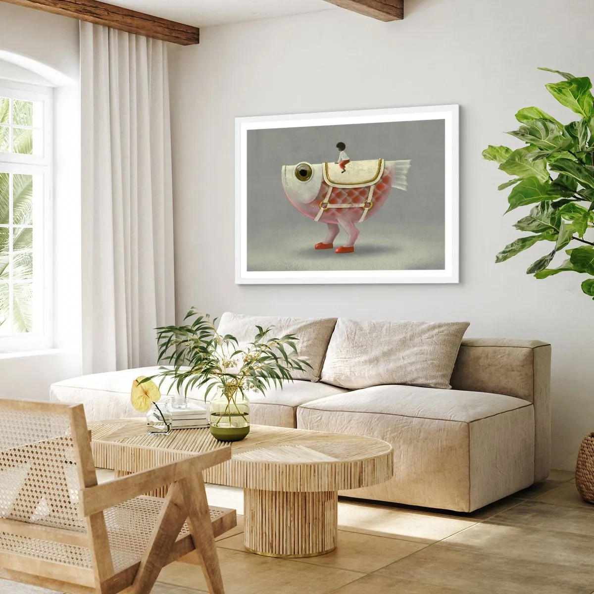 Poster in einem weißen Rahmen - Reiter auf einem surrealen Fisch - 100x70 cm