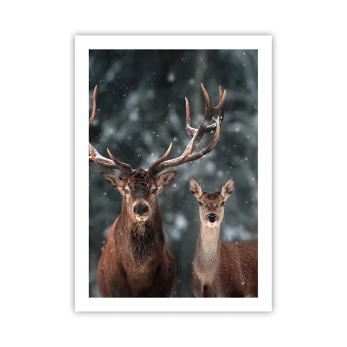 Poster - Ein Hirschpaar vor der Kulisse eines Winterwaldes - 50x70cm - Herr des Waldes mit seiner Frau - Moderne Wanddekoration für Wohnzimmer und Schlafzimmer ARTTOR