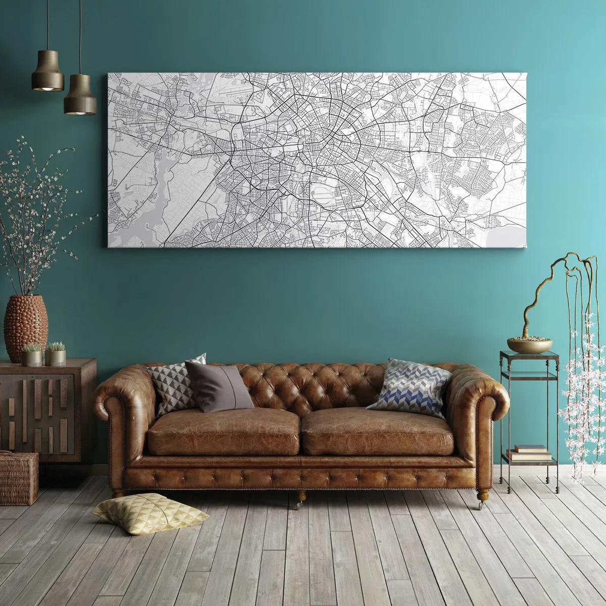 Bild auf Leinwand - Leinwandbild - Detaillierter schwarz-weißer Stadtplan - 140x50cm - Berliner Blume - Moderne Wanddekoration für Wohnzimmer und Schlafzimmer ARTTOR