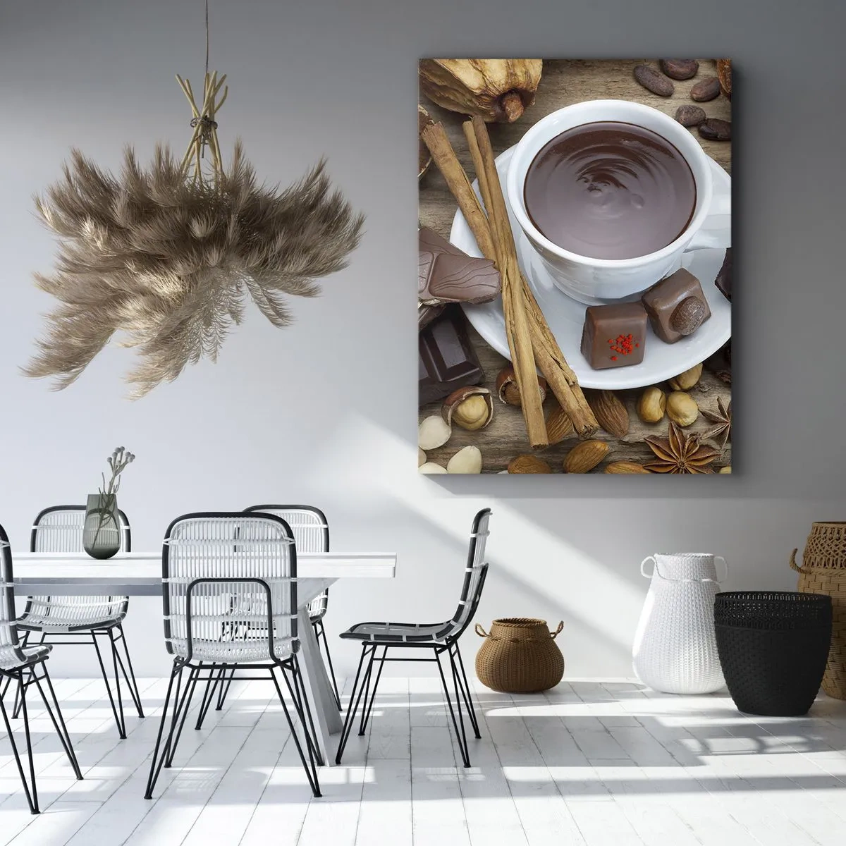 Bild auf Leinwand - Leinwandbild - Eine Tasse heiße Schokolade, umgeben von Dessertzutaten - 70x100cm - Aus einer märchenhaften Schokoladenfabrik - Moderne Wanddekoration für Wohnzimmer und Schlafzimmer ARTTOR