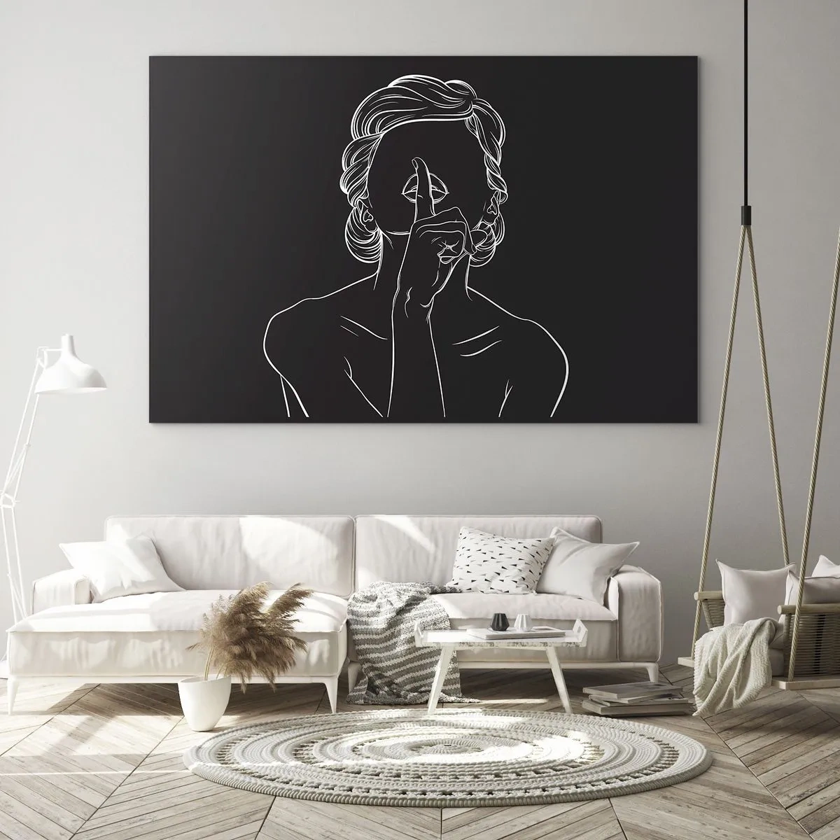 Glasbild - Bild auf glas - Eine minimalistische Silhouette einer Frau, die eine Geste des Schweigens macht. - 70x50cm - Schönheit erblüht in der Stille - Moderne Wanddekoration für Wohnzimmer und Schlafzimmer ARTTOR